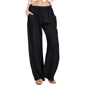 Women's Summer Drawstring Waist Wide Leg Loose Cotton Linen Palazzo Pants